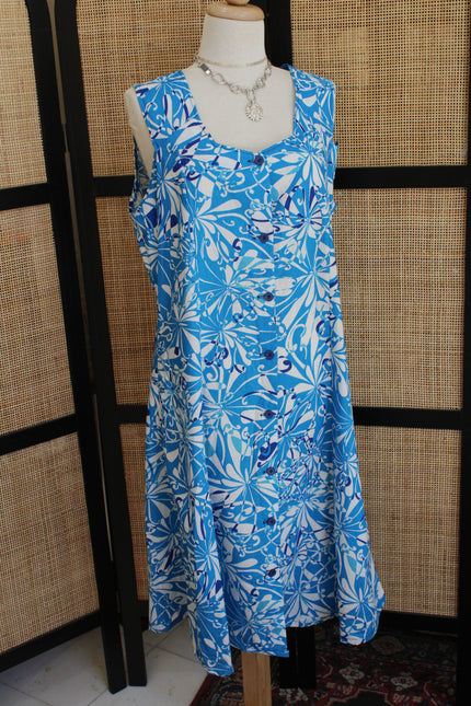 Blue Breeze 100% cotton Button-Front Dress – Sleeveless Tropical Floral Print