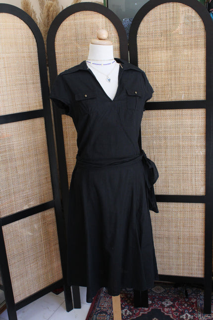 Classic Black Shirt Dress – Utility Style with Waist Tie