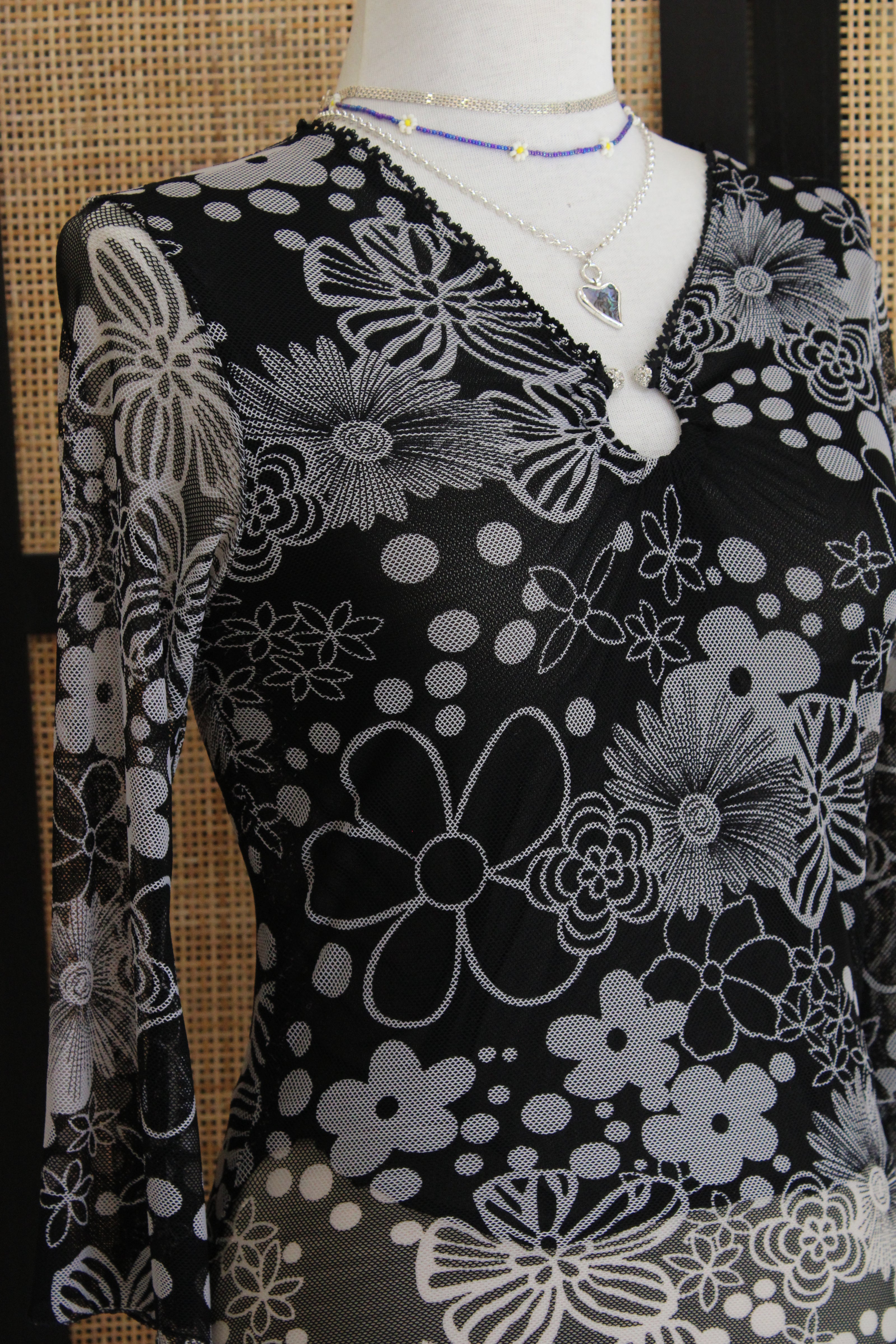 Sheer Black & White Floral Mini Mesh dress