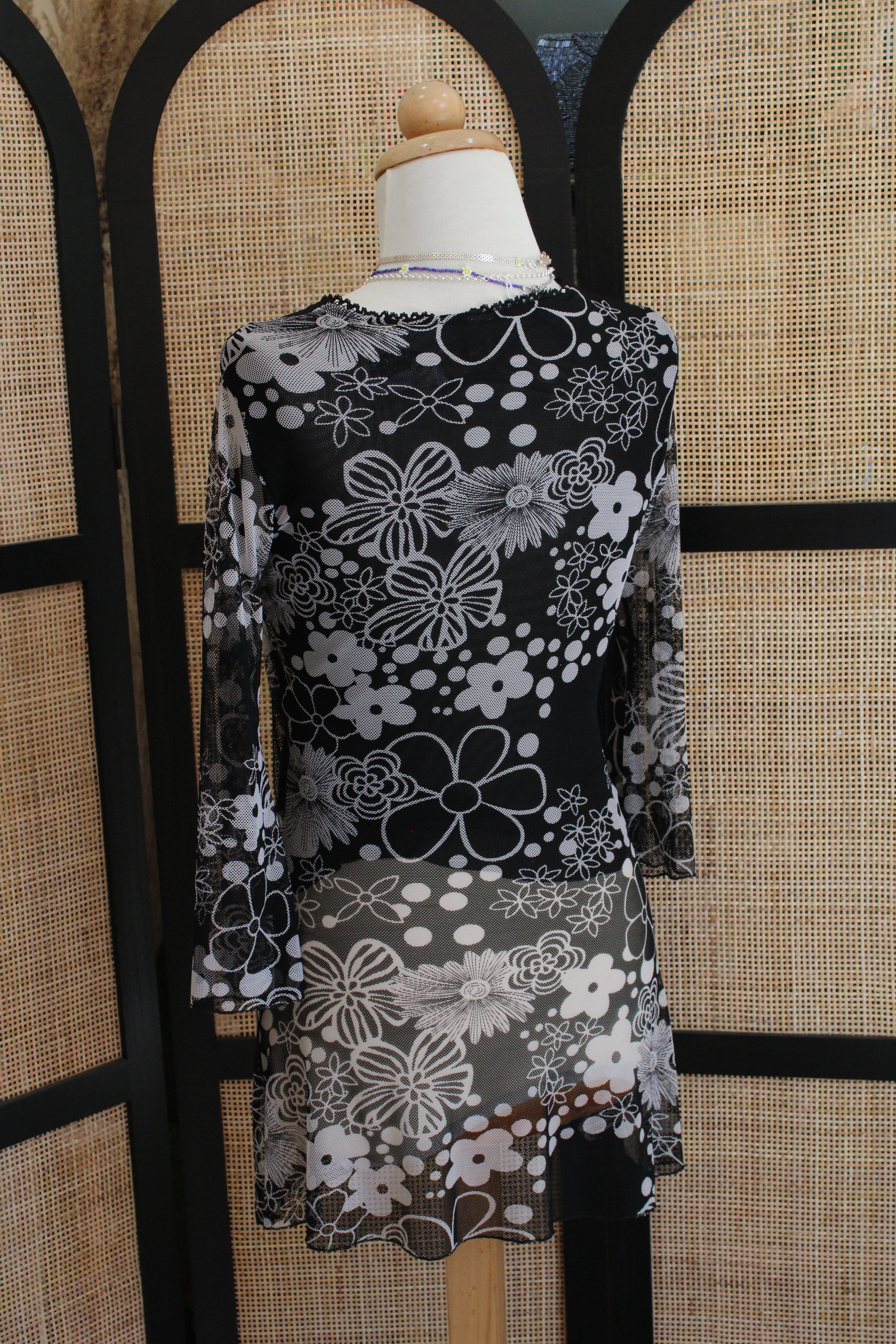 Sheer Black & White Floral Mini Mesh dress