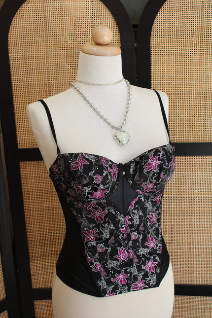 Black Satin Bustier with Embroidered Floral Detail