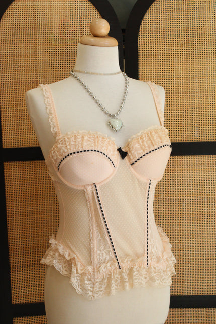Vintage Sheer Lace Elegant Corset Top with Black Ribbon Detail