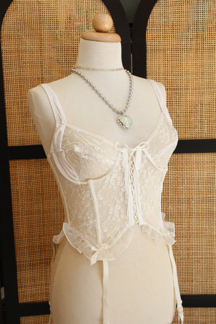 Vintage Ivory Romance Lace lingerie Corset with Ruffle Trim