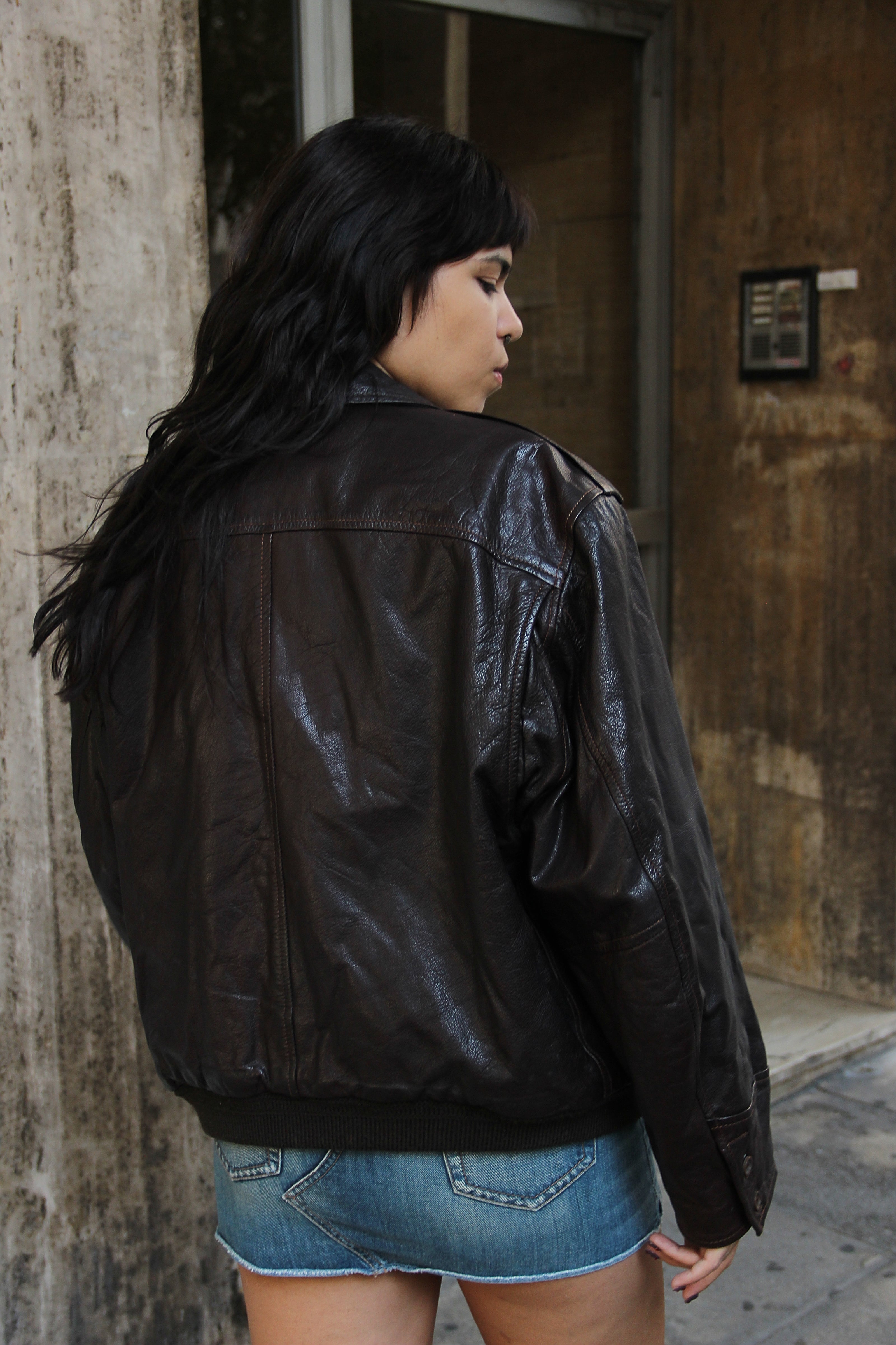 Vintage dark brown genuine leather jacket bomber jacket (XL)