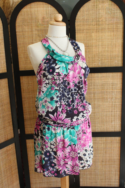 Y2K Cowl Neck Dress – Bold Floral Print
