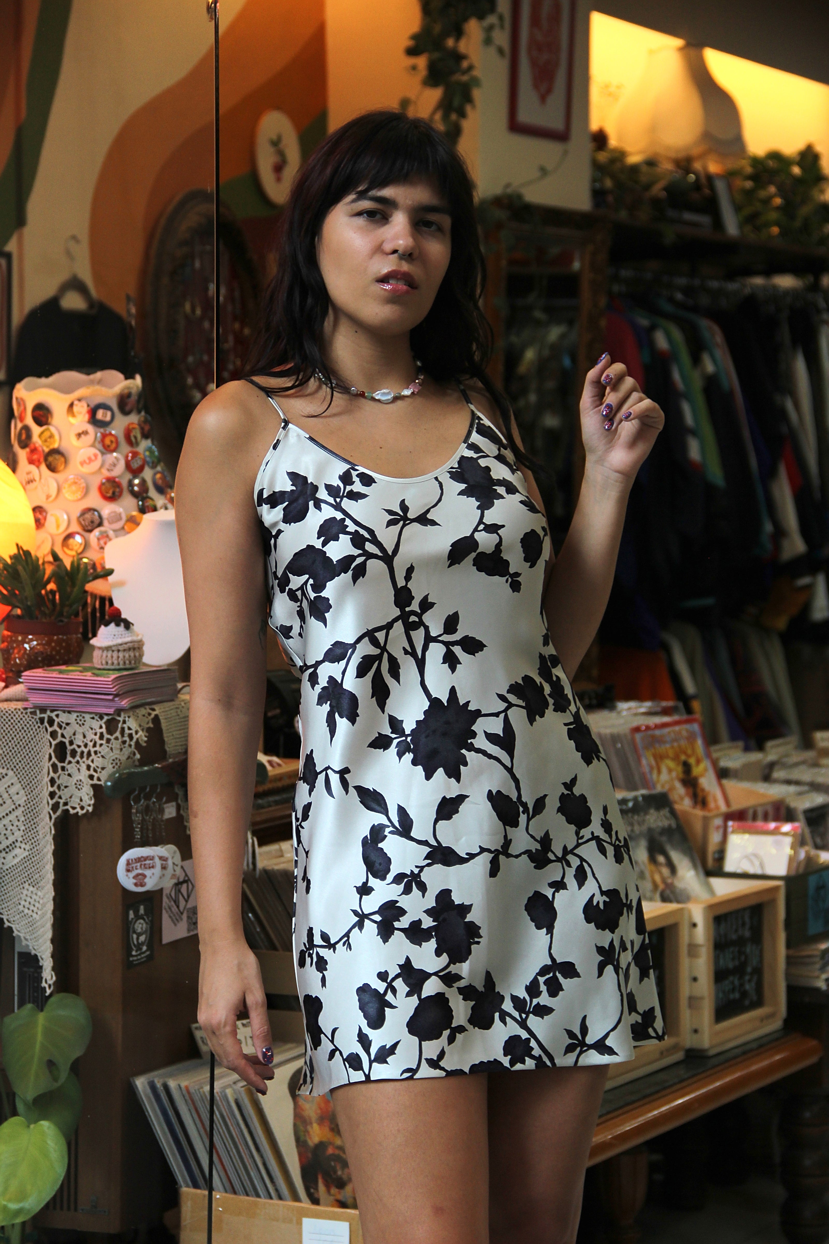 Vintage floral satin slip dress (M)